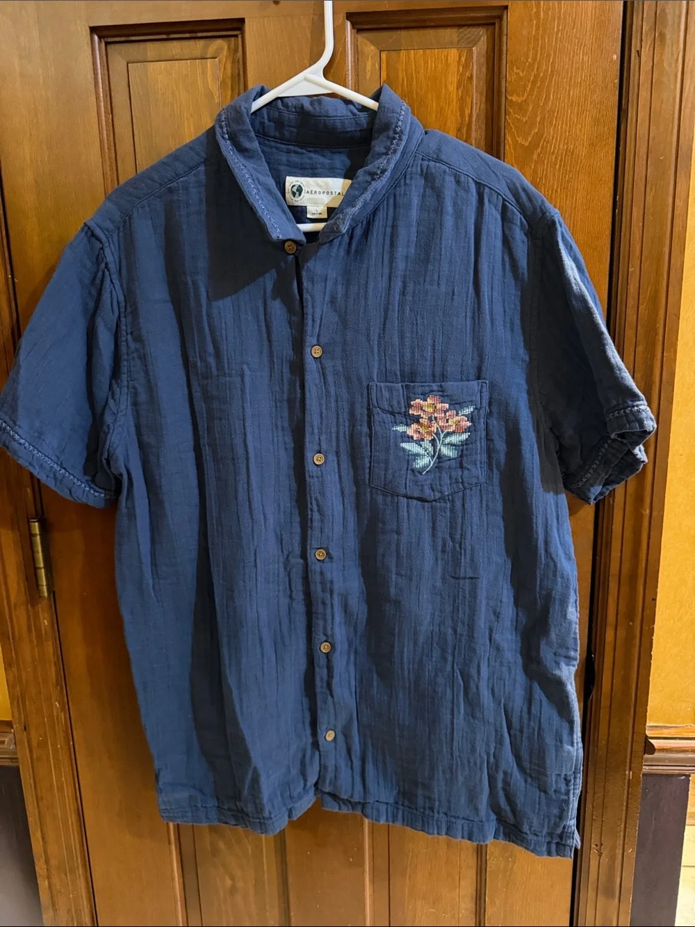 Aeropostale Aero Impact Blue Embroidered Floral Gauze Camp Shirt L